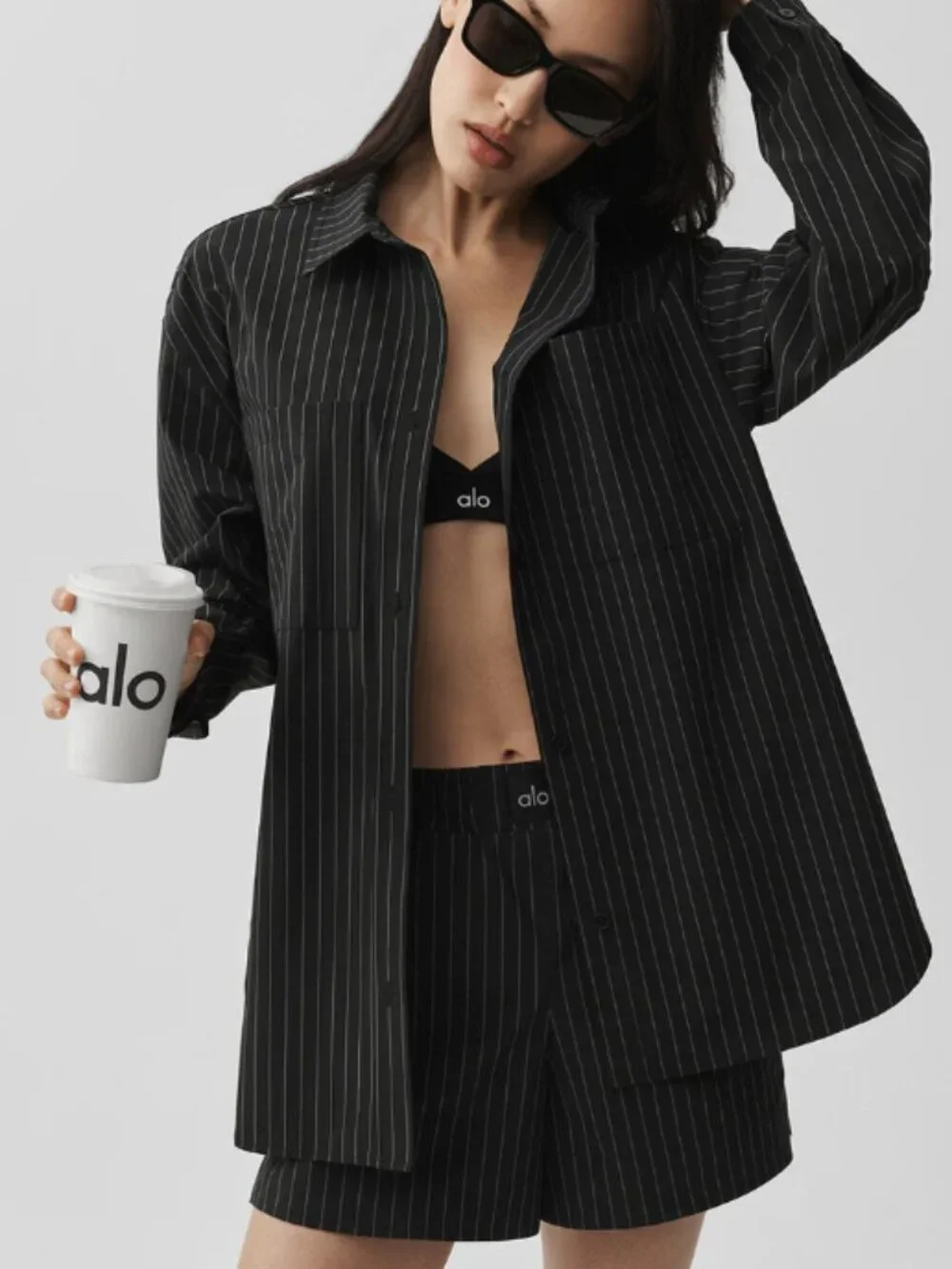 ALO Pinstripe Boxer Short + Button Down Long Sleeve Set - Like New - Size: Small - Picture 1 of 10